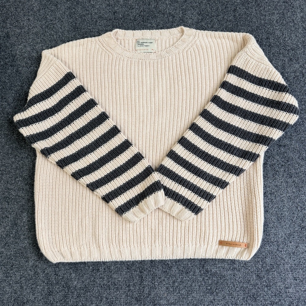 Piupiuchick Sweater Kids 10Y Cream Gray Striped 100%Organic Cotton Knit Crewneck